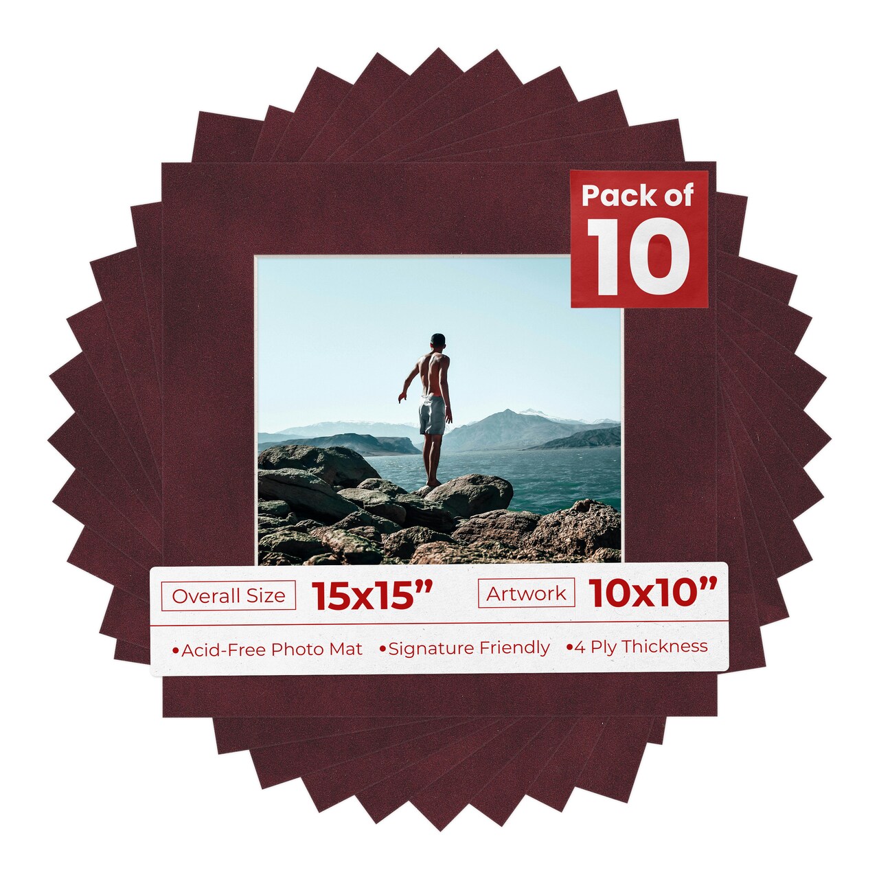 Dark Red Suede Mat Board for 15x15 Frames - Fits 10x10 Photos